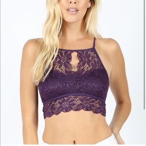 NWT- Dark purple lace stretch bralette with keyhole back